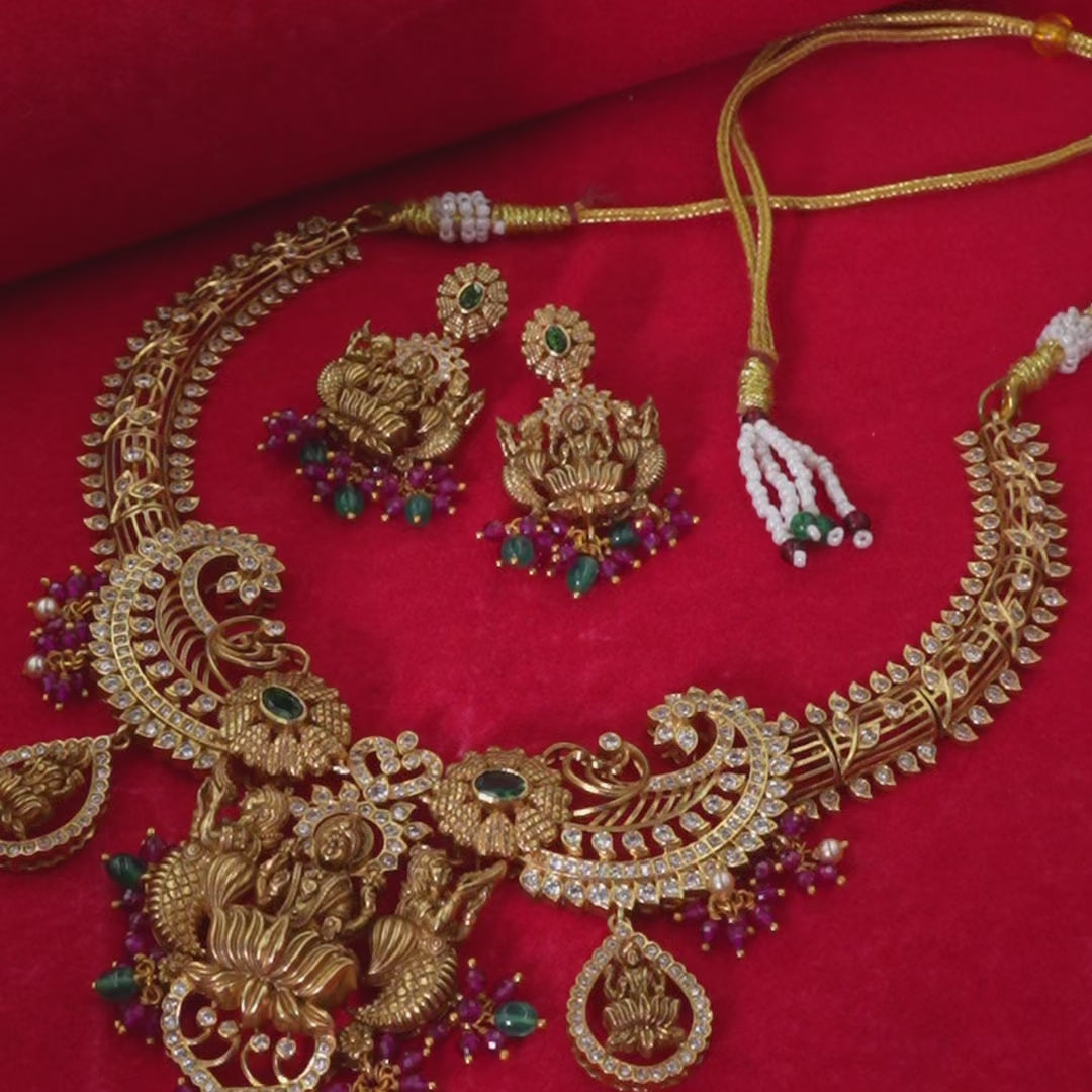 Divine Motif Temple Necklace Set in 925 Sterling Silver with Antique Gold Finish